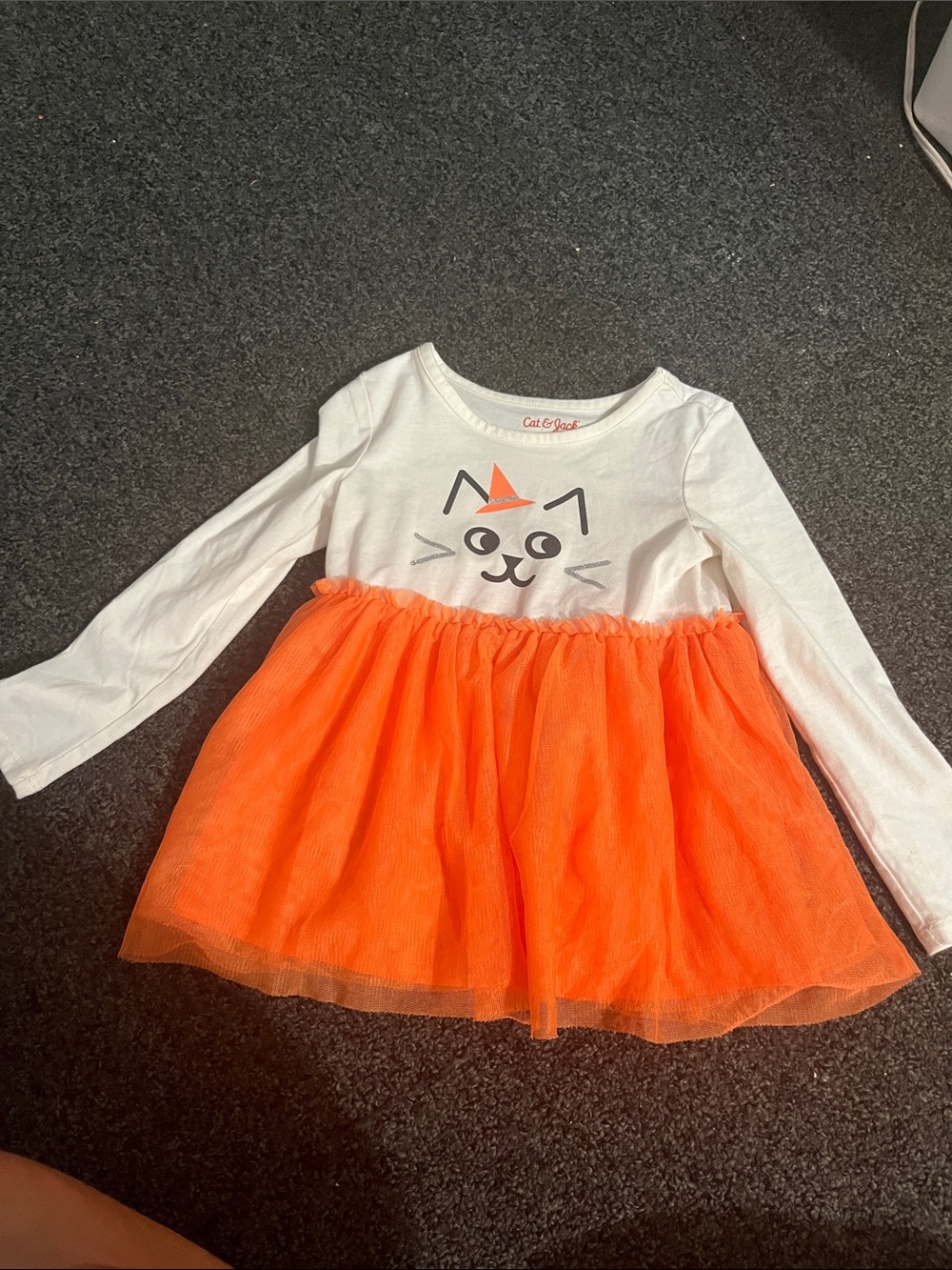 Cat & Jack White Long Sleeve Top with Orange Tulle Skirt and Cat Face
